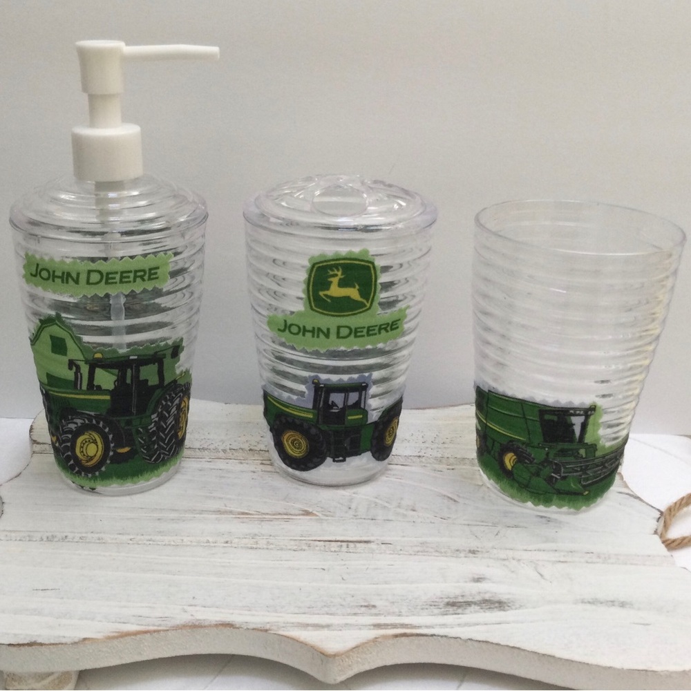 John Deere inspired inspired soap dispenser/toothbrush holder/ drinking glass.